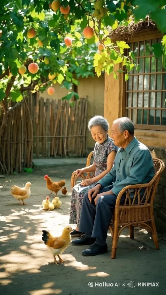 风吹动树叶摇曳，爷爷奶奶坐在院子里聊天，小鸡在院子里找虫吃 by Hailuo AI Video Generator