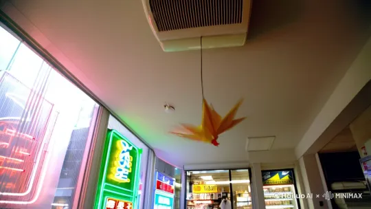 落地窗外霓虹招牌渐次熄灭，便利店自动门开合的机械音由远及近又归于沉寂。中央空调出风口垂下的千纸鹤挂饰忽然剧烈摇晃，一缕穿堂风掀开茶几上的便签本，露出扉页潦草写着的"今天也没人和我说晚安"。钢笔尖划破纸张的裂痕里，渗出极淡的铁锈味。 by Hailuo AI Video Generator