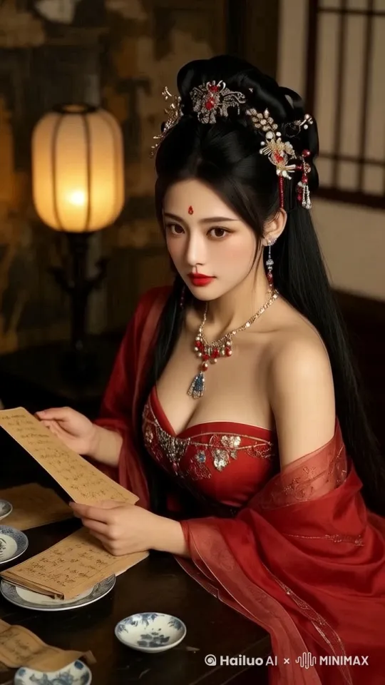 A noble woman in flowing scarlet hanfu with intricate gold embroidery, gracefully dancing with sensual hip movements and elongated arm gestures, 
classic Chinese palace lanterns softly flickering in warm candlelight, 
subtle silk fabric draping and jewelry sparkling under the glow, 
dynamic camera following her movements with slow pan and tilt, 
realistic body physics and smooth motion transitions, 
3D渲染保留传统水墨质感但增强光影层次，暖色系突出性感氛围，
output as 1080p 60fps video with lossless quality. by Hailuo AI Video Generator