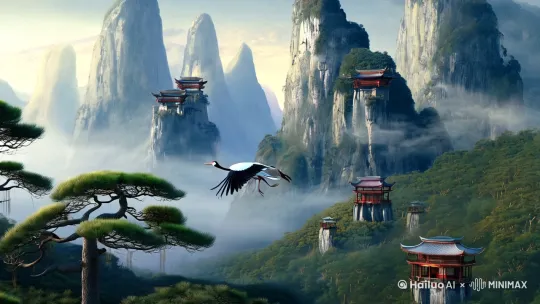 中国话中国画风格一只，仙鹤从左下直至左上，飞行而过，背景是高山松树，仙台楼阁 by Hailuo AI Video Generator