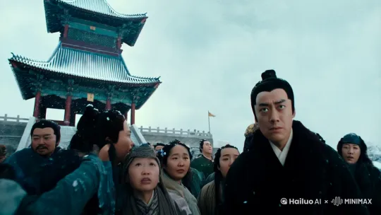 “登台！”
随着一道唱名响起，王睿收敛心神，目光聚焦一处，高台下，穿戴天子衮服的楚凌，立于风雪下。
瘦弱的身躯。矮矮的个子。
这就是大虞要迎来的新君！
一道道聚来的目光，在见到新君的背影，流露出各异的神色，此间无声，风雪飞舞于此，雪，落在楚凌的身上。
“这登基大典，真不是一般人能承受的。”
置于风雪下的楚凌，抬头看着眼前的高台，一节节被雪覆盖的台阶，直通前方，只是此时的楚凌却有些感慨。 by Hailuo AI Video Generator