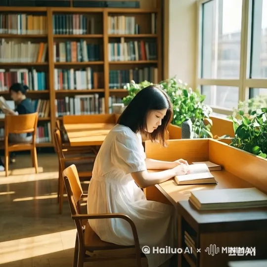 女主角翻书阅读，头随着书页翻动转动 by Hailuo AI Video Generator