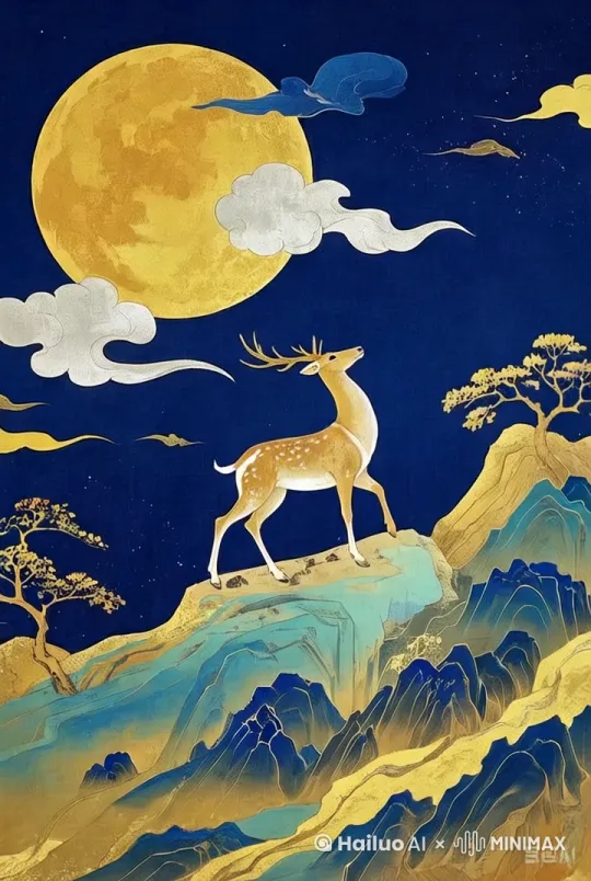 神鹿踏上祥云，镜头跟随拍摄 by Hailuo AI Video Generator