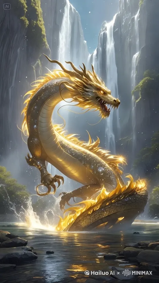 铺铺的水瀑布的水，急促地流下，池塘中的水，波光粼粼，黄金色的巨龙冲天而起快速的向天空飞去，动态移动，镜头跟随。 by Hailuo AI Video Generator