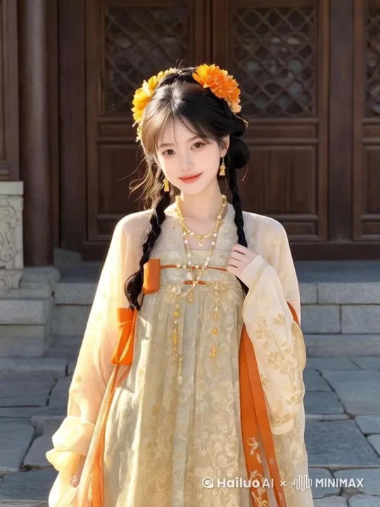 女生站立着，一只手轻轻抓着辫子整理，另一只手自然下垂，眼睛眨了一下，嘴巴笑着，姿态优雅，面带微笑看向镜头，歪了一下头，风出过裙子，微微摆动 。 by Hailuo AI Video Generator