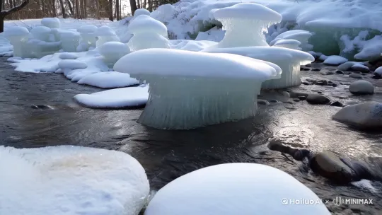 一条河沟，流水潺潺，冰，雪蘑菇 by Hailuo AI Video Generator
