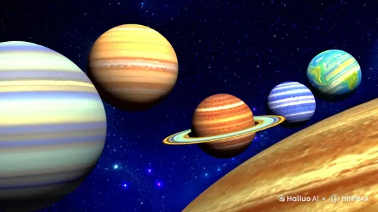 3：行星 时长：0:15 - 0:25 景别：近景 画面：依次展示太阳系的行星，如水星、金星、地球、火星等。 台词：“围绕太阳运行的行星们，各自有着独特的特征。” 音乐 / 音效：轻快的行星转动音效 动画：行星的公转和自转动画 by Hailuo AI Video Generator