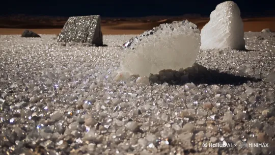 卢特沙漠的盐晶地宛如一片沉睡的银色宝藏，盐晶如同大自然精心雕琢的艺术品。那些细碎的盐晶，颗粒饱满，在月光下闪烁着如钻石般的光芒，每一颗都散发着独特的魅力。较大的盐晶块则像是古老的神秘水晶，表面的纹理犹如岁月的指纹，记录着沙漠的变迁。当月光洒下，盐晶表面的微小切面反射出清冷的光辉，交织成一幅梦幻般的光影图。在这片寂静的沙漠中，只有微风轻轻拂过沙丘的声音，仿佛是大自然的低语。夜空繁星璀璨，宛如镶嵌在黑色天幕上的宝石，与盐晶地的闪烁交相辉映。置身其中，仿佛进入了一个与世隔绝的奇幻世界，让人不禁感叹大自然的神奇创造力。采用高品质模式，结合微观拍摄，运用旋转、推进运镜并调整拍摄高度。突出盐晶细节、光影效果和环境氛围，营造静谧、奇幻且充满神秘色彩的画面。 by Hailuo AI Video Generator