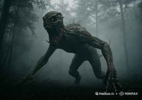 A horrible giant unknown creature rushing out the thick foggy air[右移,左摇,跟随] by Hailuo AI Video Generator
