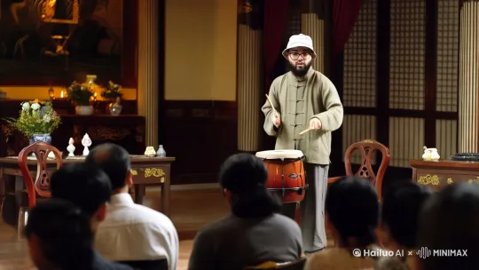 华府大厅，众人围坐，气氛紧张。唐伯虎站在桌椅前，手持蜡烛，准备打鼓。全景   推镜头，从众人全景推至唐伯虎  主角台词：“小人本住在苏州的城边，家中有屋又有田，生活乐无边。” by Hailuo AI Video Generator