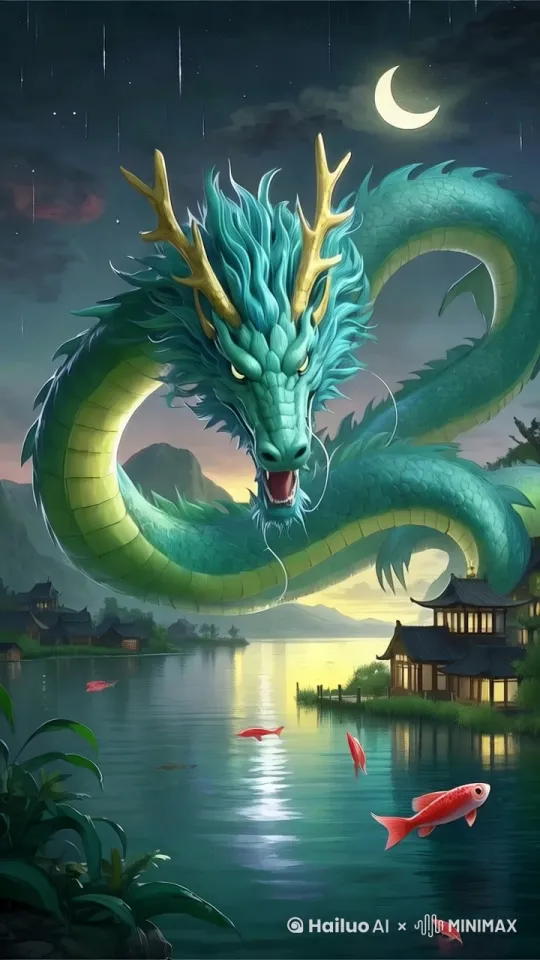 推镜头，龙在转，水在动，鱼在跳 by Hailuo AI Video Generator