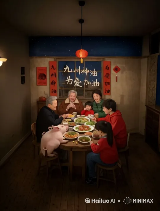 镜头移动，猪跳上桌子吃饭 by Hailuo AI Video Generator