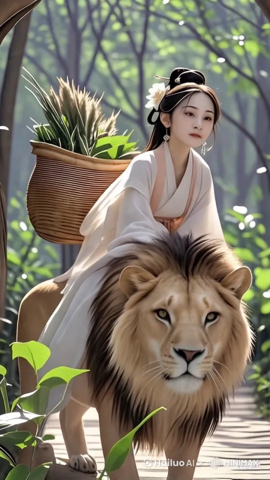 狮子在往前走，女孩子在说话，树叶也被风吹，狮子的毛发也被风吹，女孩子头发也被风吹 by Hailuo AI Video Generator