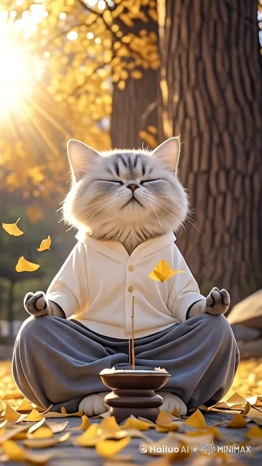 金色阳光里，微风轻拂落叶和猫的毛发，猫禅师依然处于甚深定境，镜头慢慢右环绕移动 by Hailuo AI Video Generator