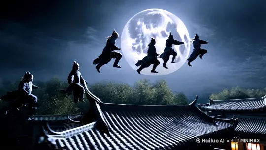 月圆之夜，五个侠客用轻功在楼上飞 by Hailuo AI Video Generator