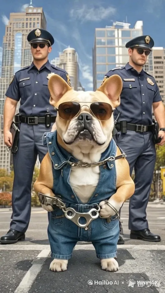 狗狗低着头在前面慢慢的走，后面的两位警察也跟在后面走。[拉远] by Hailuo AI Video Generator
