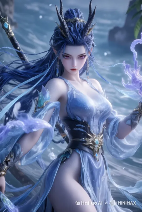 镜头推进，人物表情冷酷，发丝吹动，衣服飘动，背景海浪起伏 by Hailuo AI Video Generator