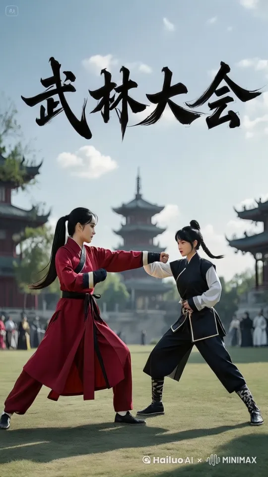 镜头移动，动态跟随。一场生死之战正激烈上演。两人狭路相逢展开中国功夫对决。开启3D电影级动态镜头，围绕两人进行动态跟随拍摄。两人拳打脚踢，动作迅猛快速，因速度极快产生残影。左边女人突然跳到半空中，像陀螺一样旋转，施展出旋风踢；右边女人被踢中腹部倒地。随即右边女人鲤鱼打挺站起，回击一套连贯拳法。两人身形矫健，步伐灵活。每一个动作都充满力量与技巧。两人身影交错之间，地方尘土飞扬而起。 by Hailuo AI Video Generator