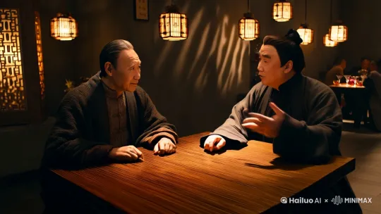 孔子和孔乙己相见在现代酒馆，谈论学习的问题。 by Hailuo AI Video Generator