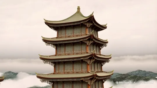 "西北有高楼"古风中国画，巍峨的楼阁矗立于西北，直入云霄，与浮云相接。窗户雕琢精细，交错疏密，如同绮丽的织锦。三层飞檐翘角的阁楼，阶梯蜿蜒而上。楼上传来弦歌声，旋律哀婉，情感深沉，仿佛诉说着无尽的悲凉。这曲是谁在弹奏？莫非是那哀悼亡夫的杞梁妻？清商音律随风飘扬，乐曲中段回旋往复，一声叹息接着一声，激昂之余满溢哀愁。画面中，一位古装女子端坐楼阁，手持琵琶，面容哀伤，眼神空灵，仿佛穿越千年，倾诉着心中不尽的悲痛。背景以淡墨渲染，展现出中国古典山水的韵味，楼阁与云雾缭绕，营造出一种超凡脱俗的意境。全景，远眺视角，展现楼阁全貌及周边云雾缭绕的壮丽景象。 by Hailuo AI Video Generator