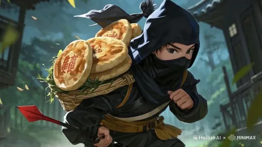 黑衣人快速奔跑，把饼飞向镜头，动作敏捷，快速。 by Hailuo AI Video Generator