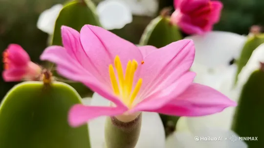 蟹爪兰的绿色枝条上挂满了含苞待放的花蕾，花蕾逐渐绽放，露出鲜艳的花瓣，花瓣细腻光滑，花蕊微微颤动，仿佛在呼吸。枝条下垂，花朵密集，宛如瀑布般绚烂。 by Hailuo AI Video Generator
