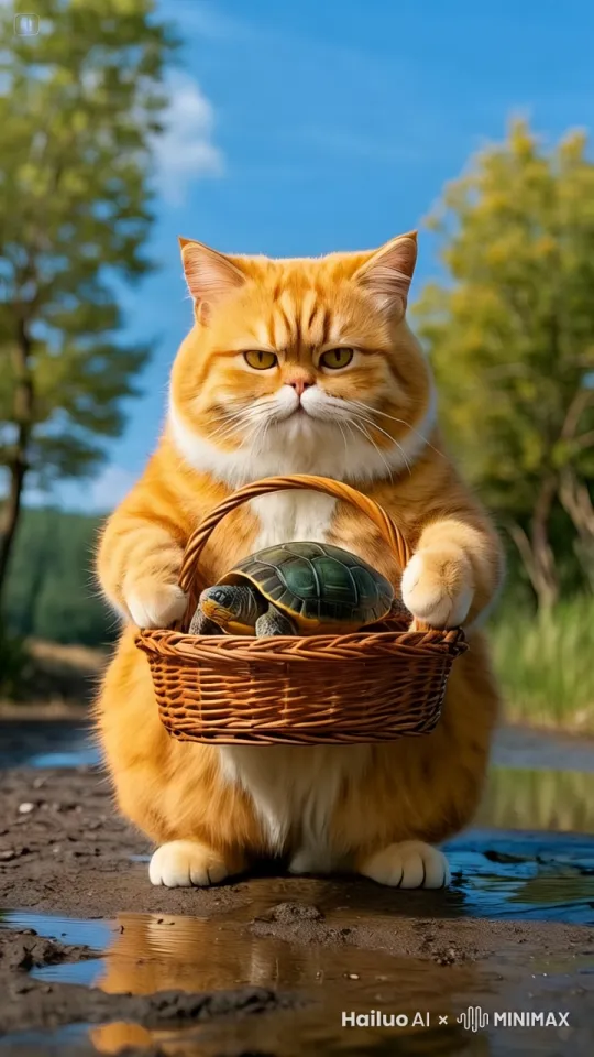 胖乎乎的橘猫，瞪着锐利双眼，稳稳用双爪捧着装有乌龟的藤编篮子，快速往前面行走，背景是蓝天绿树，画面由近及远展示 。 by Hailuo AI Video Generator