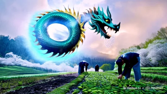 “祥龙图腾盘旋于云雾间，龙鳞泛青金色，龙爪握稻穗与雨滴，背景为梯田与春耕场景，农民弯腰播种，春雨淅沥，写实与国潮风格融合”。  
   - **补充**：融入“剃龙头”习俗，设计理发店场景，人物剪影焕发新颜，搭配“鸿运当头”文字特效。 by Hailuo AI Video Generator