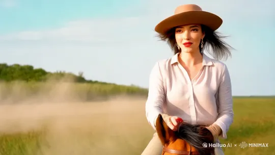 在阳光明媚的一天，女人骑着马在奔跑着，脸部时不时落出微笑，左手不断的摸着她头上的帽子，此时微风吹过，她的头发飞舞。马走过的地方尘土飞扬，周围的草也受到了波及 by Hailuo AI Video Generator