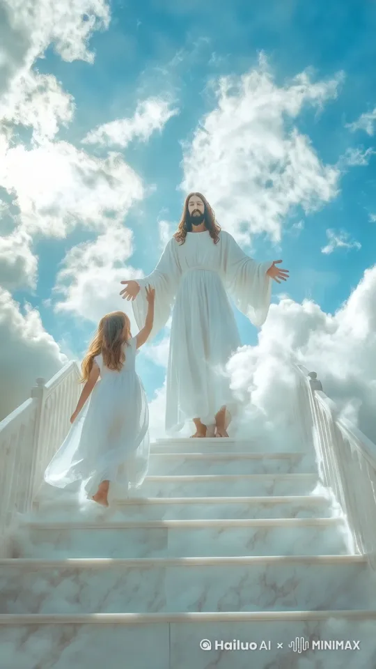 Ultra-photorealistic Hollywood cinematic video, full-frame DSLR camera, 85mm f/1.4 lens. The scene opens with a sweeping wide-angle shot, capturing Jesus standing on radiant clouds with arms outstretched. An adult woman with long brown hair ascends white marble stairs toward him, bathed in soft golden light breaking through voluminous clouds. Behind her, a small girl in pure white runs towards Jesus with innocent eagerness, arms outstretched. The camera shifts to a slow-motion tracking shot, following the girl’s delicate footsteps, with natural bokeh and subtle lens flares. As the girl nears, the camera angle lowers to her perspective, focusing on Jesus' warm, smiling face. The final shot captures Jesus kneeling to embrace the girl, as sunlight streams through the clouds, wrapping them in heavenly light. Atmospheric haze, emotional storytelling, high dynamic range, 8K resolution.[推进,上升] by Hailuo AI Video Generator