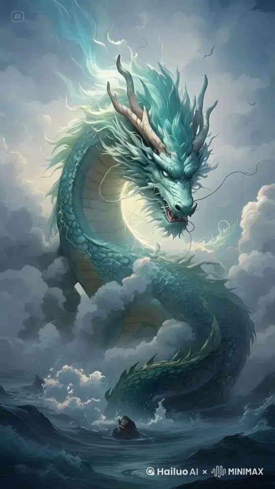 画面从波涛汹涌的海面开始，镜头由远及近，聚焦在海面上的小礁石 。随后，缓缓上移，展现巨龙从云海中探出巨大的头颅，此时可使用环绕镜头，围绕龙头转动，突出其威严气势。接着，镜头沿着龙身向下移动，展示龙身蜿蜒于云海与海浪之间的磅礴身姿。最后，镜头拉远，呈现巨龙与大海、云海融为一体的宏大场景，渐隐结束。 by Hailuo AI Video Generator