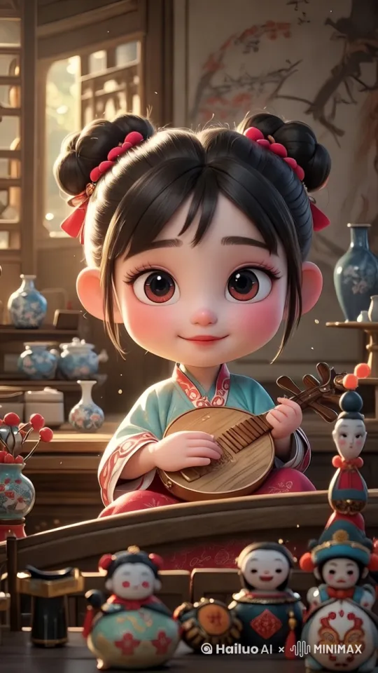 小女孩手里弹着琵琶[左移,右摇,跟随] by Hailuo AI Video Generator