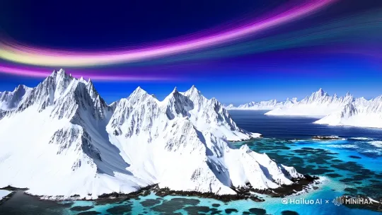 画面:AI逐帧生成雪山、极光、深海，地貌随参数滑动变幻）  
  输入【山】——  
算法解析王维的诗意，皴擦出雪峰棱角的硬度；  
导入【海】——  
神经网络计算潮汐节律，让浪花在虚拟礁石上撞碎成克莱因蓝。  
数据流浮现《富岳三十六景》笔触，渐变为4K超写实森林） by Hailuo AI Video Generator