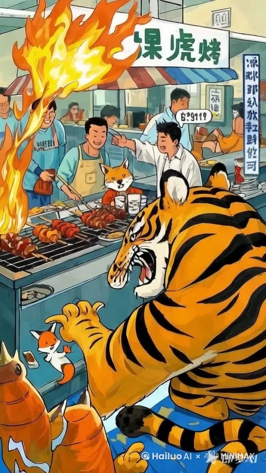 场景是深圳华强北，一只很胖的老虎在烧烤摊吃烤鸡翅，旁边有两只小狐狸建议老虎减肥 by Hailuo AI Video Generator