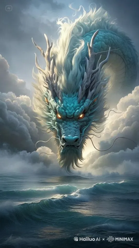 龙头抬起，仰天长啸，身体在云雾翻滚，云雾缭绕，海浪翻滚[跟随] by Hailuo AI Video Generator