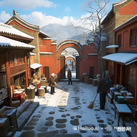 贴t着雪地0.5大广角开场，前推镜头，到达第一道圆形拱门上升镜头，同时交代了第二道门等大致情况。左移摇镜头中景至二道门口。 by Hailuo AI Video Generator
