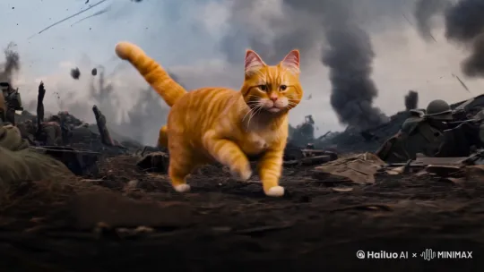 橘猫是一个军人，上阵杀敌冲锋陷阵，身边的战友一个一个的倒下，子弹炮弹在身边飞过 by Hailuo AI Video Generator