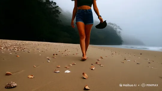 2. **【风迹显形】**  
  低机位特写：女性赤足踩过潮湿沙滩，鸭舌帽被海风扬起形成动态残影，脚边散落的贝壳与飘落的桉树叶构成引导线，延伸至迷雾中的墨绿色树林。 by Hailuo AI Video Generator