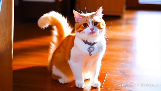 "特写镜头：一只橘白相间的短毛猫，毛茸茸的尾巴高高翘起呈问号状，琥珀色瞳孔在午后阳光中微微收缩。它弓起后背轻蹭人类的小腿，白色胡须随动作颤动，粉红肉垫在地板留下梅花状脚印。背景是铺着暖阳的木质地板，远处窗帘随风轻摆，窗台绿植投下斑驳光影。镜头跟随猫咪绕膝转圈，银灰色项圈吊坠折射出星芒光斑，绒毛在逆光中泛起金边。伴随轻柔咕噜声，前爪交替踩踏地面，尾巴尖卷曲轻扫脚踝。慢动作捕捉毛发与牛仔裤布料摩擦时的细微颤动，镜头逐渐拉远展现猫与人亲昵互动的全景，画面充满温暖治愈感。"

优化要点：

视觉层次：从毛发光泽到环境光影构建立体画面
动态细节：尾巴摆动节奏/肉垫触地/胡须颤动等生物学特征
情感传递：通过阳光色调、柔软绒毛特写营造治愈氛围
空间构建：木质地板+窗帘+绿植构成生活化场景
多感官暗示：触觉（毛茸茸摩擦感）+听觉（咕噜声）
运镜设计：特写-慢动作-全景的镜头语言过渡
可根据需要增加：

季节元素（飘落的樱花/窗外积雪）
互动细节（递出的手指/掉落猫零食）
光影变化（随时间推移的夕阳色调迁移） by Hailuo AI Video Generator