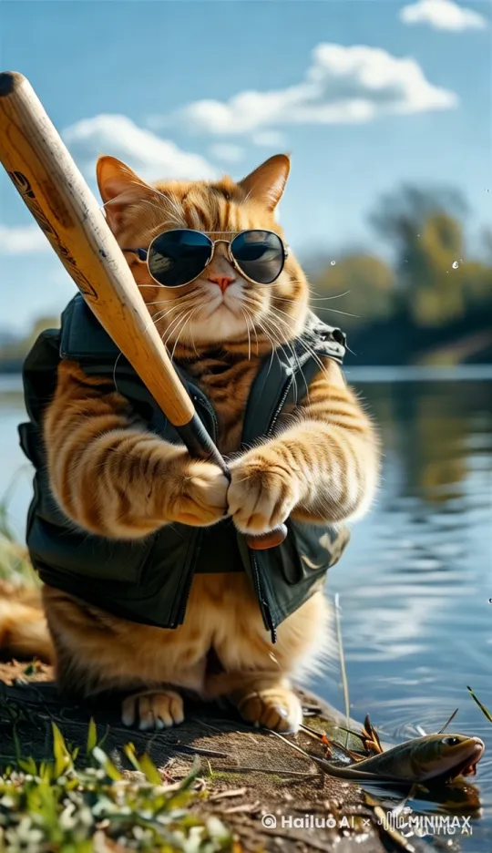 大橘猫用棒球棒打鱼， by Hailuo AI Video Generator