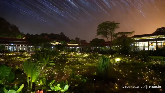 西双版纳文旅宣传视频分镜设计  
（时长建议：1分30秒，镜头切换轻快
4. 生态秘境（3组镜头，各3秒）  
- 镜头4.2：中科院植物园萤火虫夜舞，延时摄影星光轨迹与萤光交织。 
 by Hailuo AI Video Generator