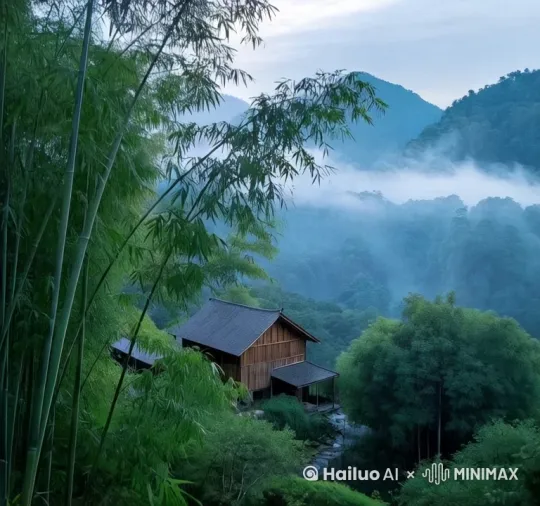 天空下着雨，有雾在山顶环绕 by Hailuo AI Video Generator