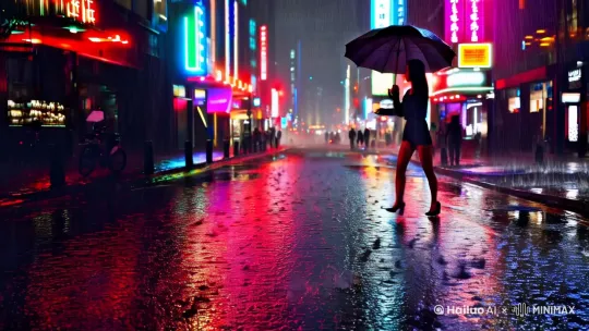 忙的城市背景、平视的拍摄角度、一位身材完美，甜美可爱的亚裔美女撑伞快速穿行、街道上的积水反射着霓虹灯光、阴沉的天气和湿润的街道营造出一种紧迫感，以及视频的高清晰度和丰富的色彩表现。 by Hailuo AI Video Generator