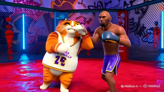 胖猫和科比在八角笼中自由搏击A chubby orange tabby cat (cartoon style) and Kobe Bryant (realistic photo style) engage in a freestyle martial arts bout inside a blood-red octagon cage. The cat wears a torn Lakers jersey with 'Mamba Mentality' written in graffiti letters, while Kobe uses a customized basketball-shaped boxing glove. Extreme close-up of their faces showing sweat dripping, fur flying, and Kobe's iconic scowl. Cage walls covered in graffiti art of basketball and cat silhouettes. Dynamic camera angles with slow-motion effect, neon lights casting colorful reflections on the wet floor. Hyper-realistic textures, 8k resolution, ultra-detailed sweat droplets, and motion blur. --style raw --v 6.0" by Hailuo AI Video Generator