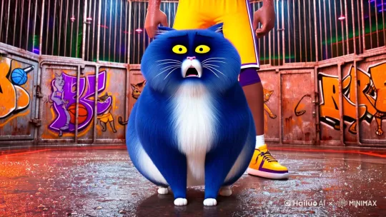 "A chubby deep blue Persian cat with glowing yellow eyes and a cream-colored belly braces for a brutal elbow strike from Kobe Bryant in a rain-soaked octagon cage. Close-up composition capturing the cat's terrified expression as Kobe's forearm muscles bulge with power, his Lakers jersey sleeve ripped at the elbow. Splashing water droplets refract neon lights on the metallic cage walls, which are covered in graffiti art of basketball cats and Kobe's silhouette. Slow-motion details: cat's fur standing on end, Kobe's sneakers squeaking on the wet floor, sweat trails in mid-air. Post-impact moment: cat flies backward with a wind-blown tail, Kobe's victorious scowl under dramatic lighting. Ultra-detailed textures: cat's fur strands, metal cage rust patterns, Kobe's sweat-soaked skin. Action sequence includes: cat clawing at Bryant's arm → Bryant dodging with a basketball spin move → final elbow strike with bone cracking sound effect. Background elements: referee counting down in the shadows, scattered cat toys and basketballs in the corner." by Hailuo AI Video Generator