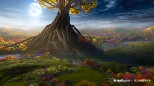 在遥远的古老时代，大地之上矗立着一棵参天巨树，名为灵曦。这棵树的根深植于地心，枝叶却触及天际，连接着人间与神界。灵曦不仅是自然的守护者，更是万物生灵的庇护所。

相传，在宇宙初开之时，天地间混沌一片，是灵曦树以自身为桥梁，引导光明穿透黑暗，为世界带来了第一缕曙光。它的树干上缠绕着四季的韵律，春花秋月，夏雨冬雪，皆在此树身上轮回不息，滋养着大地上的一切生命。

每当月圆之夜，灵曦树下便会聚集起各族生灵，它们围绕树干轻歌曼舞，感谢大树赐予的庇护与恩赐。而在最深的树根之下，隐藏着一个通往神秘领域的入口，据说那里藏有古老智慧与未解之谜，只有心灵纯净之人方能得见。

随着时间的流逝，一个预言悄然流传：当世界面临前所未有的危机时，灵曦树将唤醒沉睡于根脉深处的力量，化身为守护神，引领众生度过难关。于是，灵曦树不仅成为了自然之美的象征，更成为了人们心中不灭的希望之光。

岁月悠悠，尽管风雨侵蚀，世事变迁，灵曦树依旧屹立不倒，用它那无尽的枝叶和深邃的根系，讲述着关于生命、勇气与希望的永恒神话。在每一个黎明与黄昏，它都静静地守望着这个世界，提醒着所有生灵：无论世界如何变迁，总有一份力量，如同灵曦树一般，坚韧不拔，守护着这片土地上的每一个生命。 by Hailuo AI Video Generator