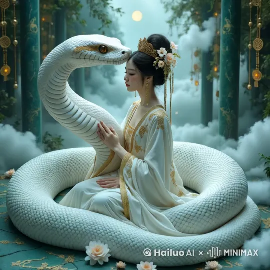 ake undulating in slow serpentine motion:1.3),  
(goddess's golden hair chains swaying with 0.5秒延迟),  
(third eye's galaxy pupils rotating counterclockwise),  
(glowing insects pulsing with breathing light effect)  
(stardust flowing under translucent jade floor:1.2),  
(ancient vines growing blue butterfly flowers in timelapse),  
(double moon moving across cloud sea:左到右),  
(lightning dragons swimming in distant clouds:每3秒闪现)  
3 golden embroidery emits ripple particles  
- 星雾从接触点扩散(半径2秒达峰值)  
当第三只眼睁开时:  
- 琉璃阁结构发生扭曲变形(持续1.5秒)  
- 背景云海加速流动  
镜头语言设计


[镜头序列]  
0-3秒: 环绕镜头 (半径3米轨道绕主体顺时针30度)  
4-6秒: 微距推进 (聚焦到蛇尾执壶斟酒动作，镜头焦距从35mm→85mm)  
7-9秒: 仰角镜头 (从翡翠榻下方拍摄，展现地板星雾流动)  
10-12秒: 动态变焦 (快速拉远至全景，显示仙阁悬浮于双月之间)  
高级控制参数（根据工具调整）
python

# 适用于Deforum/Stable Video等
"animation_modes": {
   "云海流动": "perlin噪声 Z轴位移", 
   "发饰摆动": "弹簧物理算法 stiffness=0.7", 
   "星雾粒子": "光尘密度每帧+1.2%" by Hailuo AI Video Generator