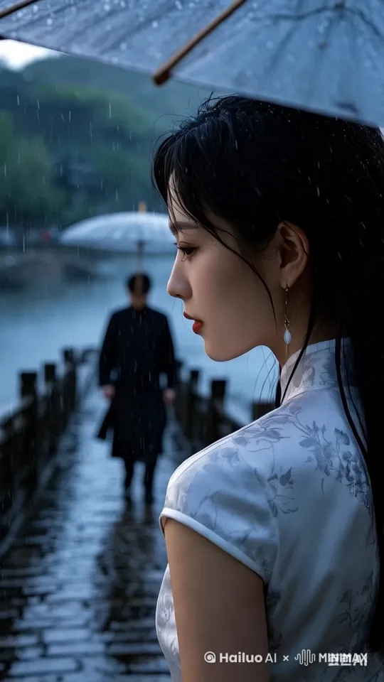 哩哩啦啦的小雨，伞滴水，暮然回首嫣然一笑 by Hailuo AI Video Generator