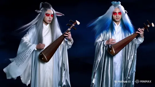 【核心人物】
双生美男悬浮于暗夜虚空，面容七分相似三分相杀，
左者银发如星河倾泻（達松发质+流体动态），
右者碎发染霜蓝幽光（发梢粒子化飘散），
眼尾描朱砂裂痕妆，瞳孔呈冰晶破碎纹理

【服装系统】
- 主袍：月白鲛绡长袍，半透明薄纱浮现《山海经》暗纹
- 外披：残破银丝罩衣，随能量场波动呈现液态金属/水墨两种形态切换
- 配饰：断裂的昆仑玉琴弦缠绕手腕，弦上滴落发光血珠

【动态特效】
- 琴音可视化：抚琴动作触发环形音波，音波中浮现甲骨文残章
- 发丝规则：左者长发飘动频率=右者能量碎屑掉落速度×1.5
- 空间异常：背景出现故宫红墙/敦煌星图的量子纠缠态闪现

【光影系统】
- 主光源：双生子体内透出的冷青生物光（模拟月光透过冰层）
- 副光源：琴弦血珠的赤金微光在袍角投射《河图洛书》投影
- 环境光：暗紫色星云以0.7倍速旋绕，吞噬所有直射阴影

【物理参数】
- 发丝精度：亚毫米级单丝独立动力学
- 布料系统：薄纱实现双图层渲染（实体刺绣+能量流光）
- 空间扭曲：使用黎曼几何算法处理背景坍缩效果

【色彩公式】
主色调：月白×冷青×玄紫
高光色：冰蓝×赤金
禁忌色：禁用任何暖黄调 by Hailuo AI Video Generator