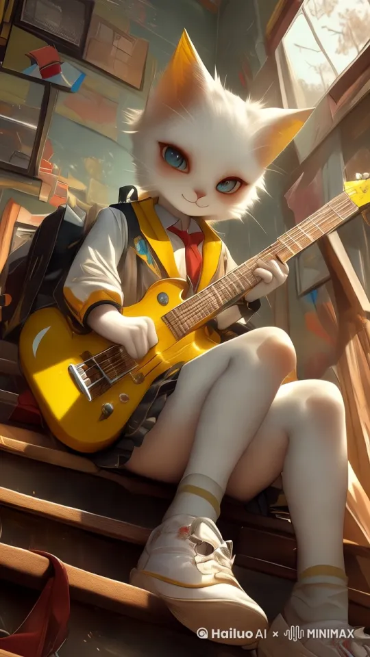 猫女正在弹吉他，嘴唇微动小声说着什么，镜头晃动[左移,推进,右摇] by Hailuo AI Video Generator